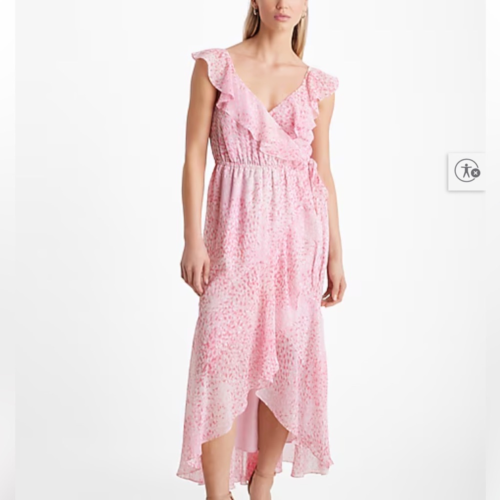Pink Ruffle V-Neck Flutter Sleeve Surplice Maxi Dress, Small, New in Package
